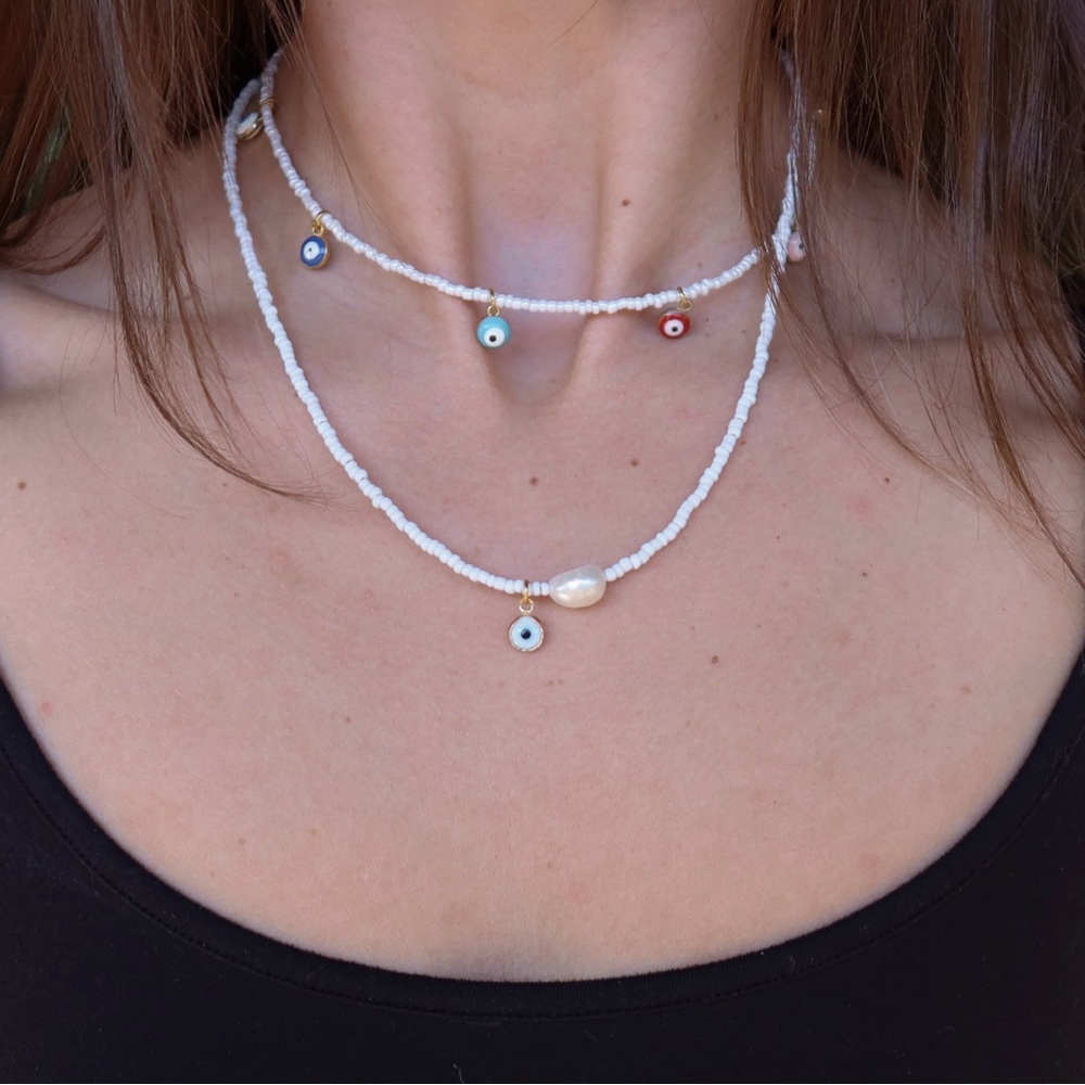 Layered Evil Eye Necklace Bundle | Freshwater Pearl | Gold Detail | 2 Piece Set